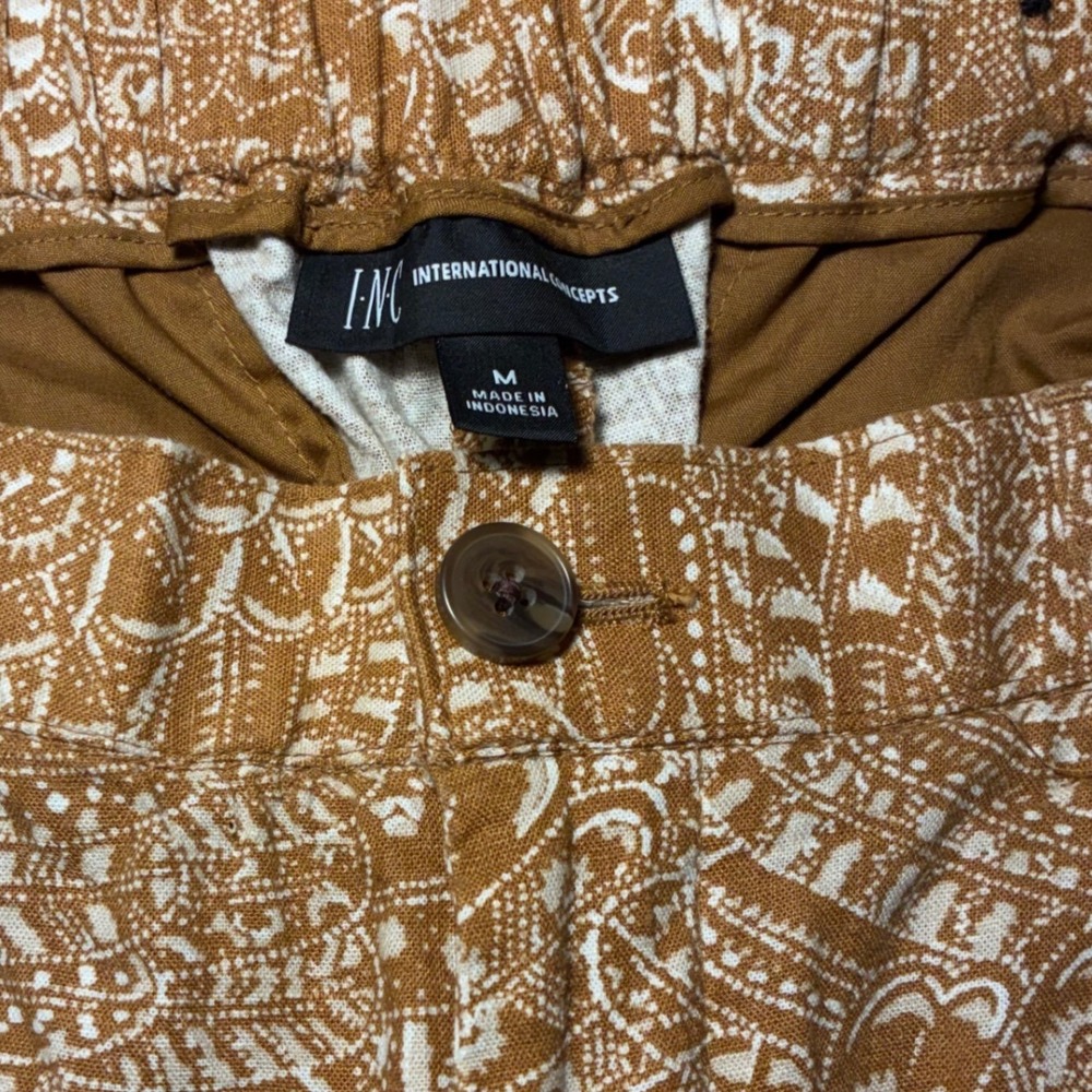 Boho Linen Blend Pants Women M‎ Brown Printed Elastic Waist